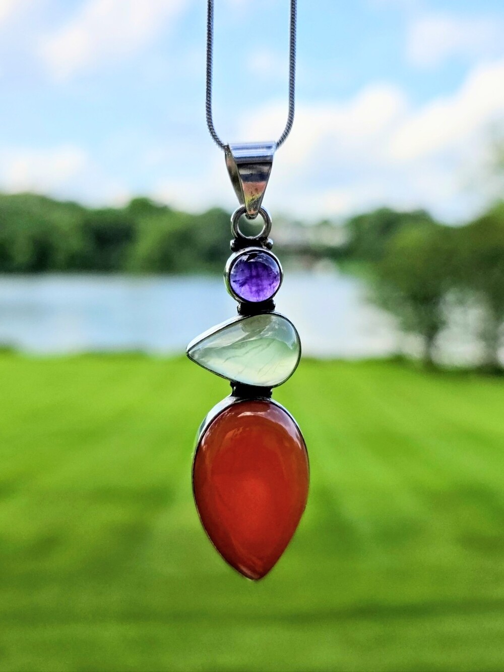 Carnelian, Prehnite, & Amethyst Gemstone Pendant In 925 Sterling Silver (2.7")